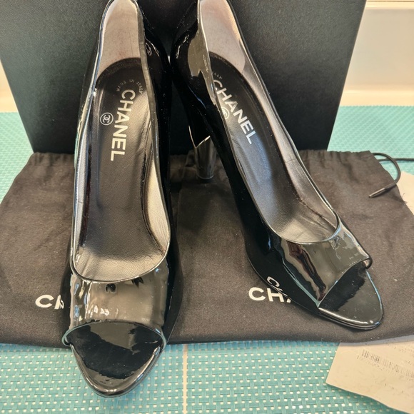 Authentic CHANEL Black patent peep toeHeels with silver like new box/ receipt - Picture 13 of 16